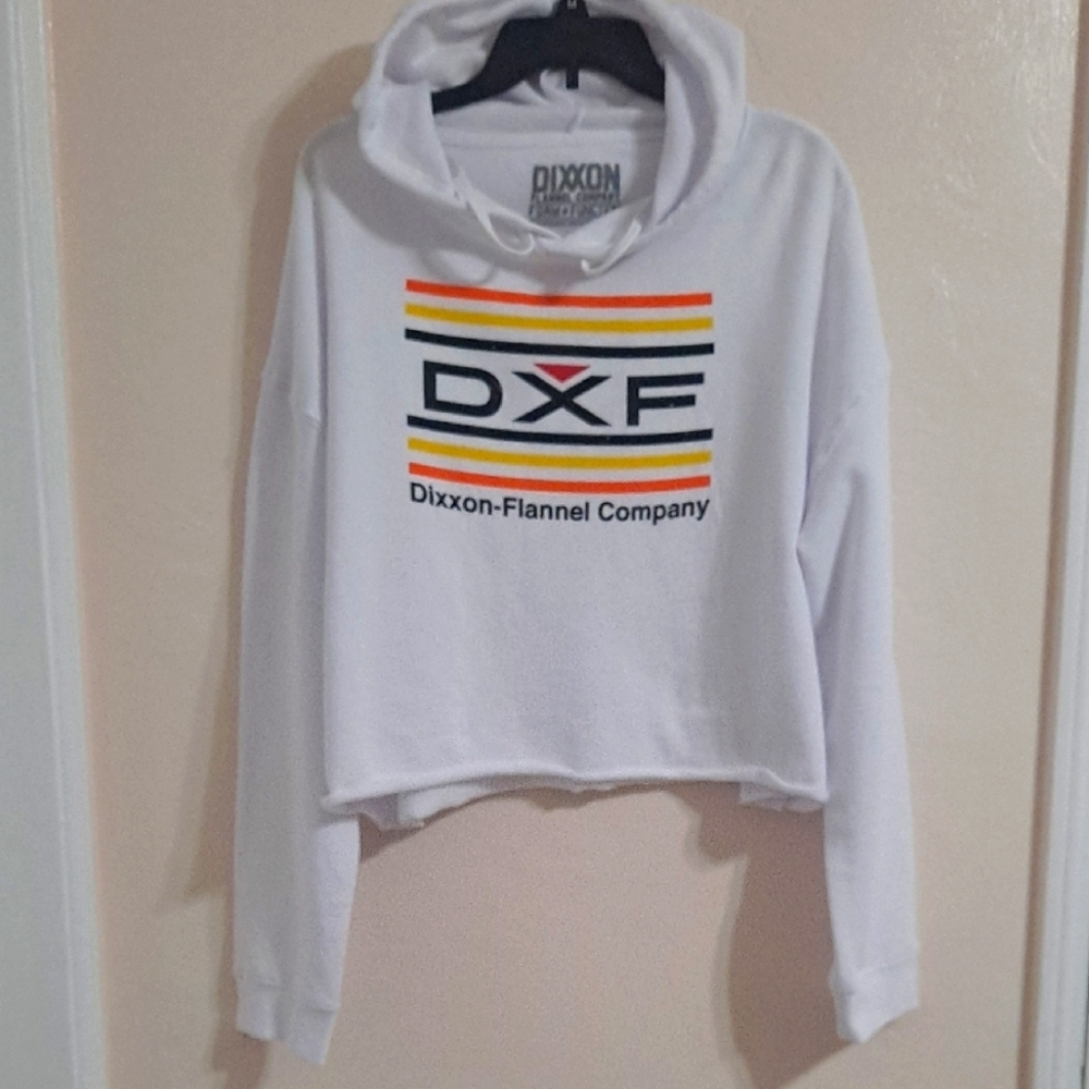 NEW DIXXON White Hoodie Sweater with Vintage Flair Rough Hem Cropped XL